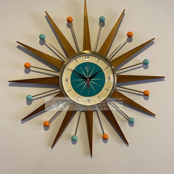 21 inch Hand Made Mid Century style Starburst Clock by Royale - Turquoise Face 12 3 6 9 Medium Teak Rays Orange & Turquoise Balls.