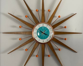 27 inch Hand Made Mid Century style Starburst Sunburst Clock by Royale - Welby style Medium Teak Rays & with Turquoise Dial