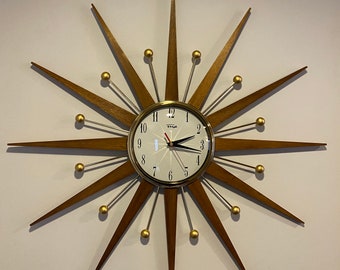 27 inch Hand Made Mid Century style Goldtone Starburst Clock by Royale Medium Teakwood Rays, Seth Thomas style 1950's Face