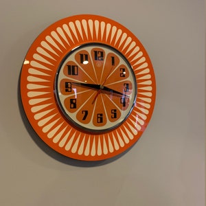 Handmade 1970's style Sunburst Orange Formica Wall Clock in Orange & with a Funky Bright Orange Segment Face from Royale image 2
