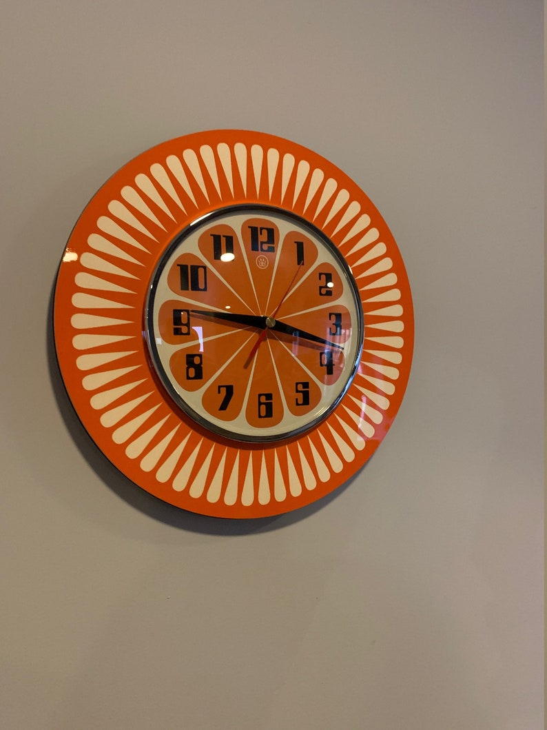 Handmade 1970's style Sunburst Orange Formica Wall Clock in Orange & with a Funky Bright Orange Segment Face from Royale image 2