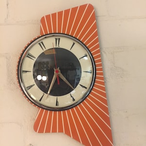 Colour Etched Lucite Formica Wall Clock from Royale - Midcentury Atomic Retro style in Orange & White