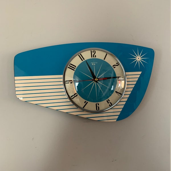 Handmade Aquamarine Blue Formica Wall Clock from Royale - Midcentury French Atomic Retro style with Starburst Formica Design
