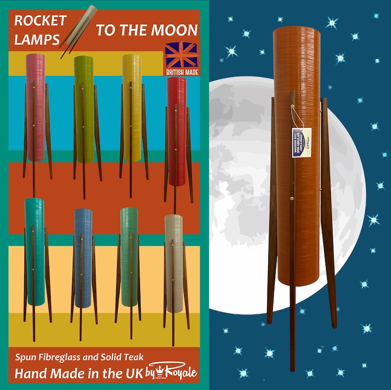 May include: A set of eight rocket-shaped lamps made of spun fiberglass and solid teak. The lamps are available in a variety of colors, including red, yellow, green, blue, and gray. The lamps are hand-made in the UK and feature a unique design that is reminiscent of the space race. The lamps are perfect for adding a touch of mid-century modern style to any room.