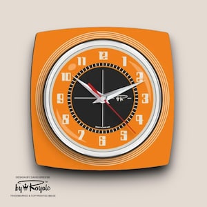 Horloge murale Royalexe en stratifié orange : style Jetsons Mid-Century