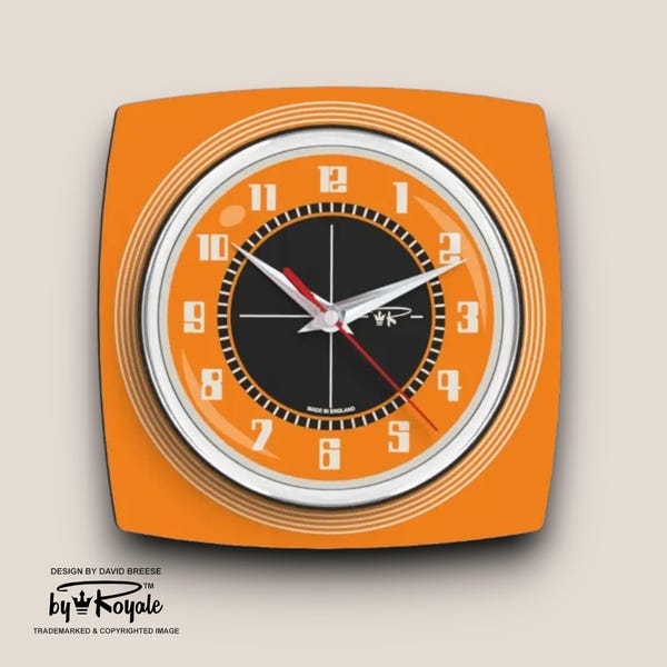 Orange Royalexe Laminate Wall Clock: Mid-Century Atomic Jetsons Style