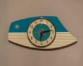 Handmade Retro Formica Wall Clock in Turquoise from Royale - Midcentury French Atomic style with Starburst Design