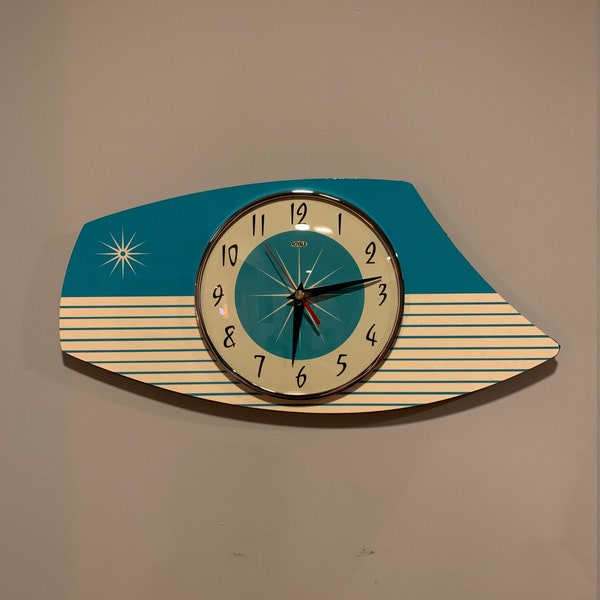 Handmade Retro Formica Wall Clock in Turquoise from Royale - Midcentury French Atomic style with Starburst Design