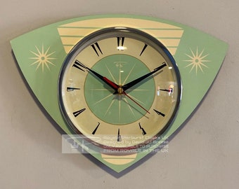 Colour Etched Trianguloid Laminate Caravan Wall Clock from Royale - Midcentury Atomic Jetson Retro style in Jadeite Green & Cream.