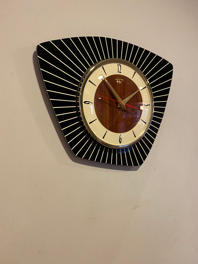Midcentury Modern Handmade Asymmetric Millennial Wall Clock in BlackCream & Faux Walnut by Royale French Atomic Retro style image 2