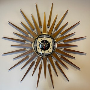 27 inch Hand Made Mid Century style Starburst Clock by Royale Medium Waxed Teakwood Rays 1950&#39;s Square Ray Face