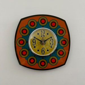 British Handmade Royalexe Laminate Large 1970's style Wall Clock in Olive Green, Burnt Orange Teal and Red with a Funky Bright Yellow Face