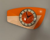 British Handmade Tangerine Royalexe Wall Clock from Royale - Midcentury French Atomic Retro style with Starburst Design