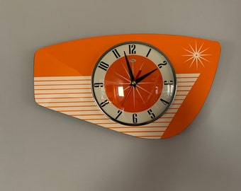 Top selling British Handmade Tangerine Orange Royalexe Wall Clock by Royale - Midcentury Atomic Retro style with Starburst Designs