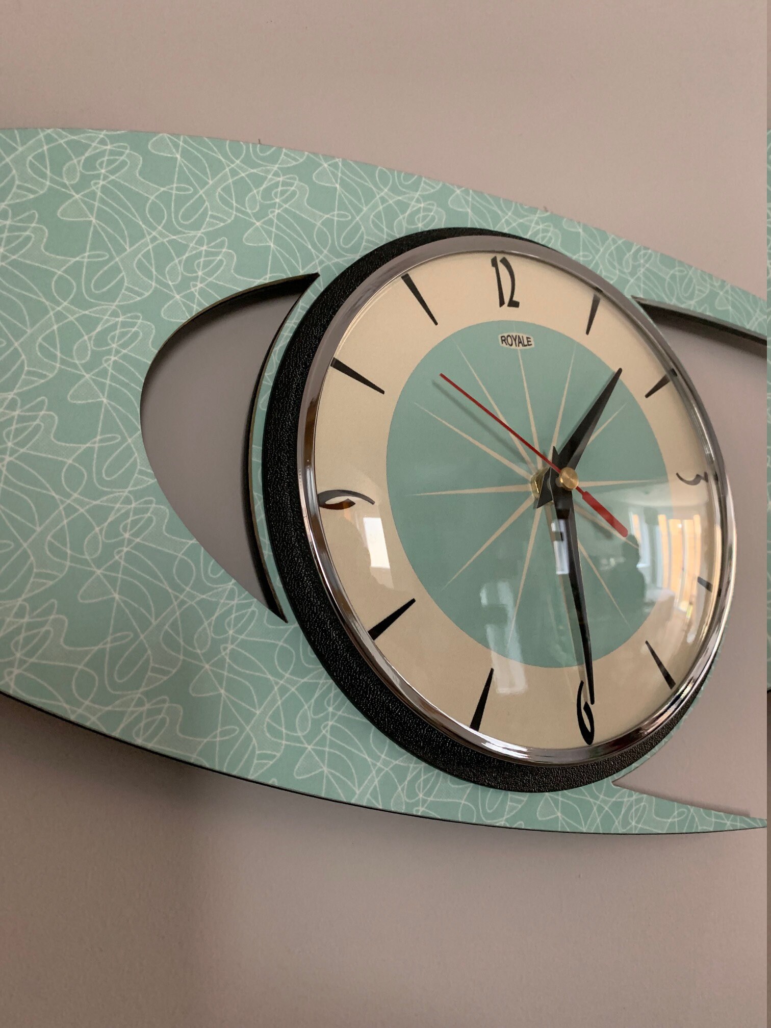 Atomic Boomerang Wall Clock: Mid-century Modern Mint Green Decor