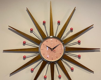 27 inch Hand Made Mid Century style Starburst Clock by Royale - First Lady Pink 1950s Face & Medium Teak Wood Rays
