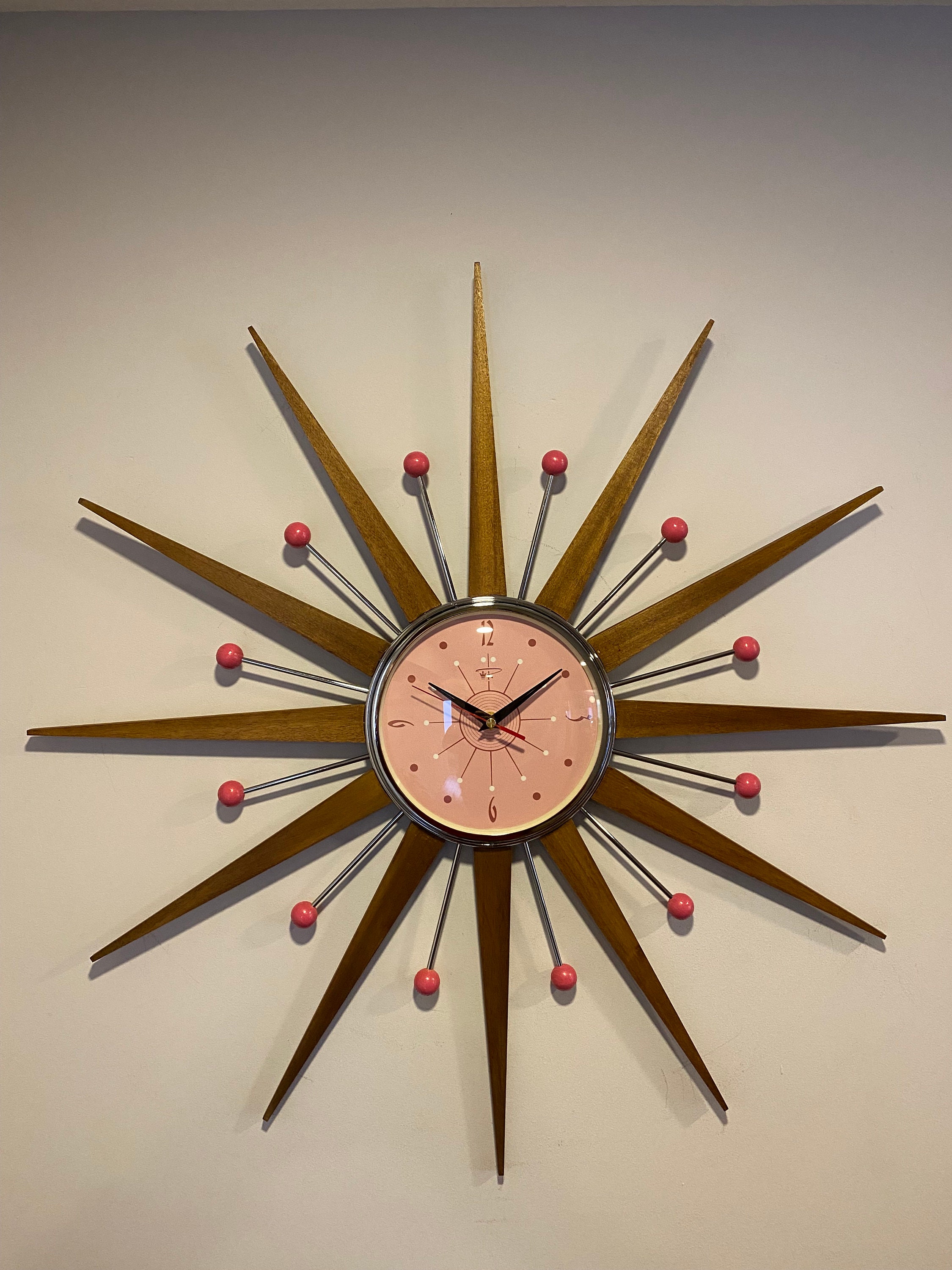 Teak Mid Century Starburst Wall Clock – Handmade Atomic Sunburst