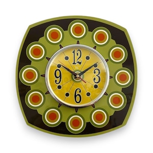 Large Handmade 1970's style Sunburst Formica Wall Clock in Avacado Dark Brown & with a Funky Bright Yellow Face from Royale
