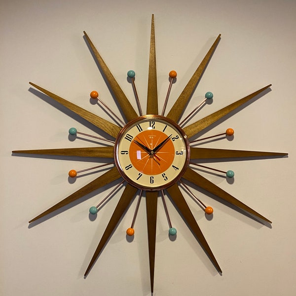 27 inch Hand Made Mid Century style Starburst Clock by Royale - Welby style Medium Teak Rays Orange & Turquoise Balls.