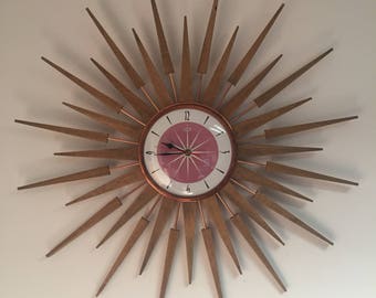 Large 27 inch Hand Made Mid Century style Starburst Sunburst Clock by Royale Clock Style 51 in Flush Pink