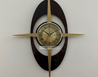 British Made Large Royalexe Laminate Mid Century style Starburst Clock by Royale - Dark Faux Walnut Solid Brass Face & Medium Teak Wood Rays