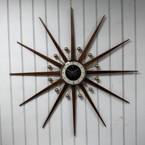 Large Teak Starburst Wall Clock, Mid Century Modern Atomic Design, Turquoise Face