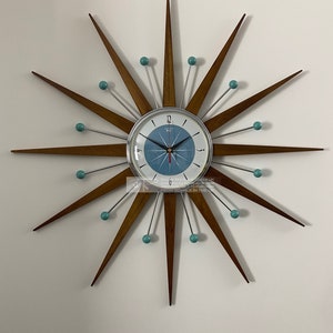 Royale Starburst Wall Clock Mid Century Modern style Chrome Frame Silent Medium Teak Rays Petrol Blue Face & Blue Atomic Balls British Made