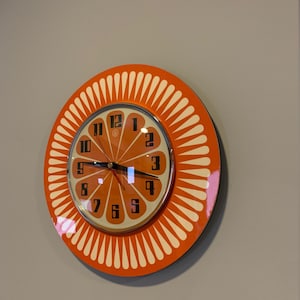 Handmade 1970's style Sunburst Orange Formica Wall Clock in Orange & with a Funky Bright Orange Segment Face from Royale image 3