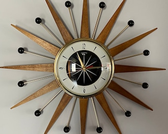 21 inch Hand Made Mid Century style Majestic Starburst Clock by Royale Medium Waxed Teak Rays Black White & Goldtone