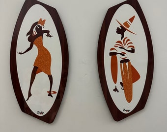 Matching pair of Retro handmade mid century style Royalexe laminate asymmetric Calypso Dancers in Tangerine Orange by Royale