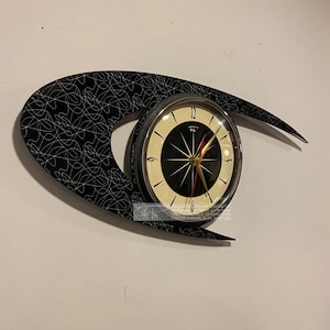 Atomic Boomerang Wall Clock – Midcentury Retro Eye Design, Black Formica, UK Made