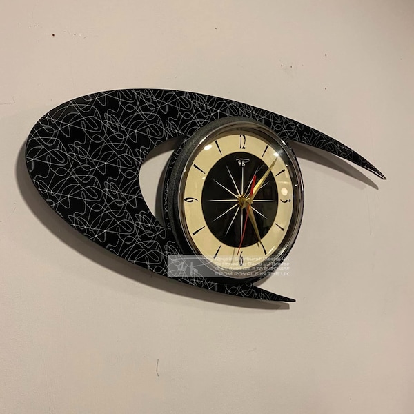Atomic Boomerang Wall Clock – Midcentury Retro Eye Design, Black Formica, UK Made