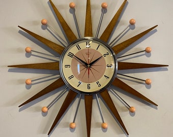 21 inch Hand Made Mid Century style Starburst Clock by Royale - Salmon Pink 1950s Numbered Face & Medium Teak Wood Rays