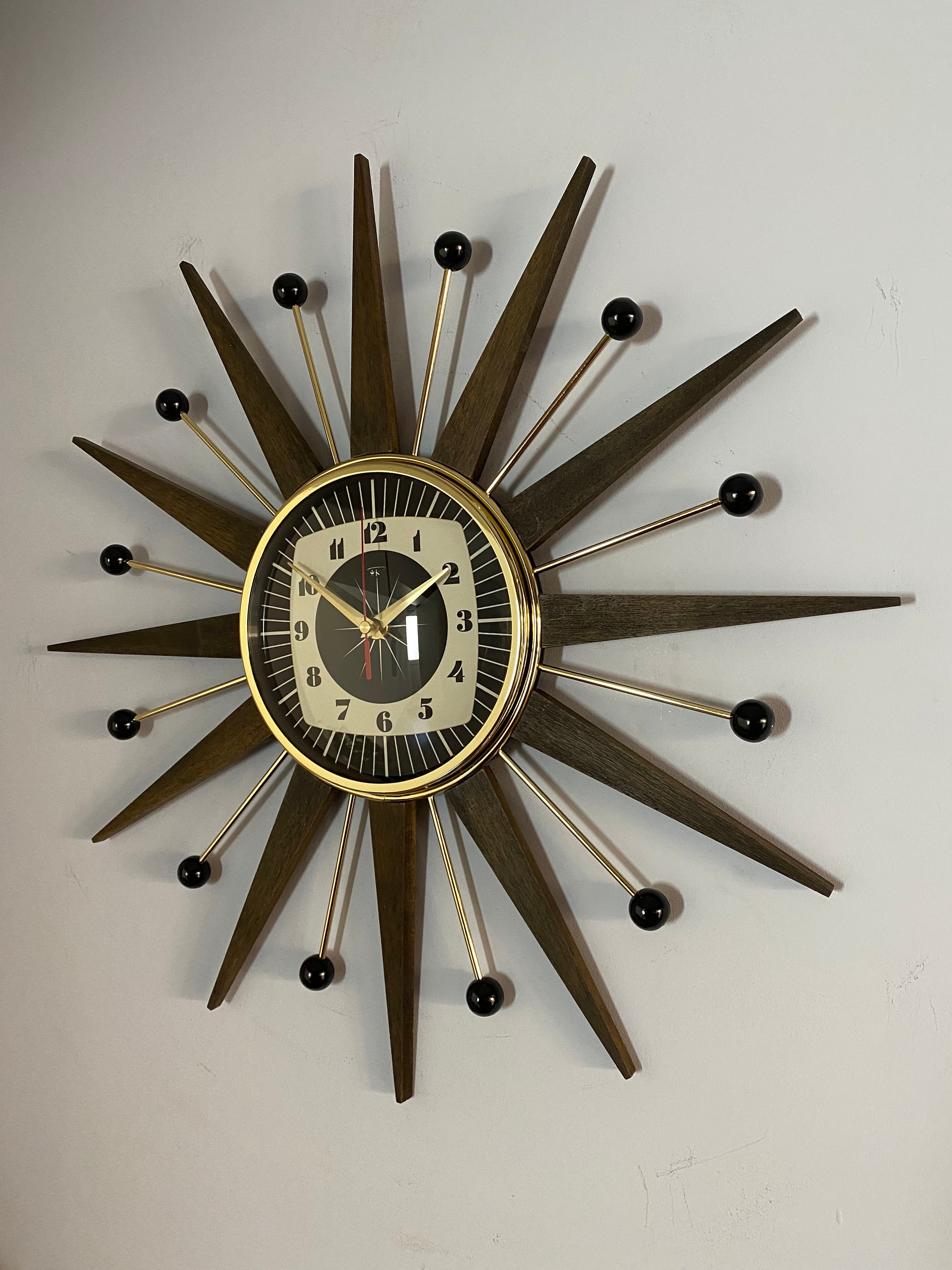 Handmade Mid Century Starburst Clock: Walnut Teak Rays, Goldtone
