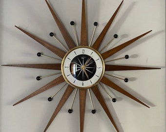 27 inch Hand Made Mid Century style Majestic Starburst Clock by Royale Medium Teak Rays, Black & Goldtone