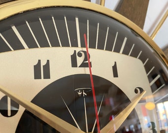 Handmade Mid Century Starburst Clock: Walnut Teak Rays, Goldtone