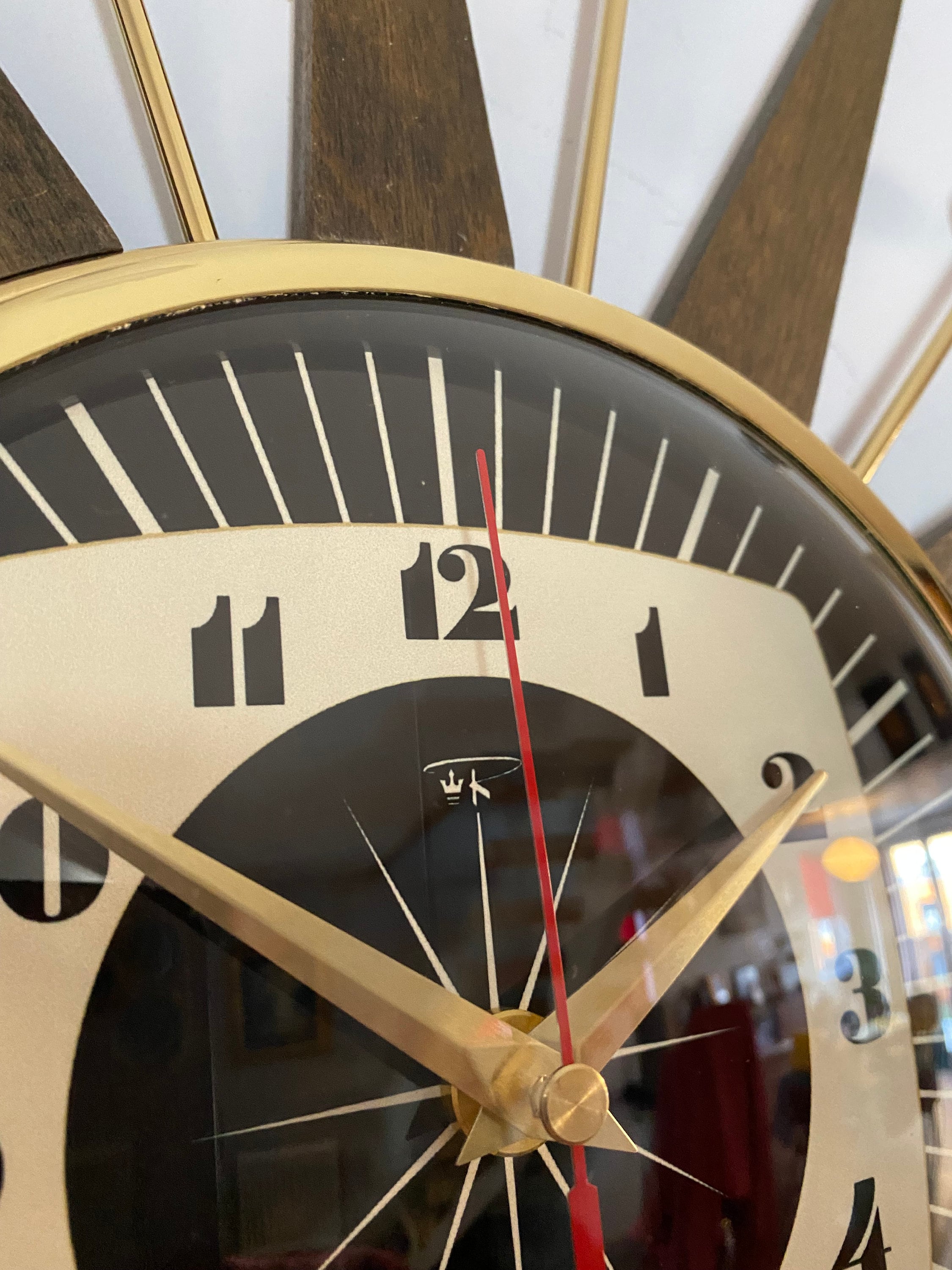 Handmade Mid Century Starburst Clock: Walnut Teak Rays, Goldtone