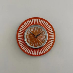 1970s Sunburst Orange Wall Clock: Handmade Royalexe Mid-Century Modern