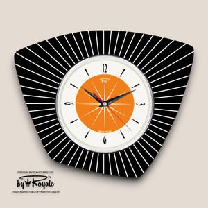 Royalexe Laminerad Asymmetrisk Väggklocka från Royale - Midcentury Fransk Retrostil i Svart & Mandarin
