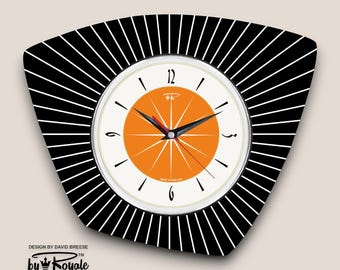 Royalexe Laminated Asymmetric Wall Clock from Royale - Midcentury French Retro style in Black & Tangerine