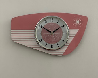 British Handmade 1st Lady Pink & White Silent Royalexe Wall Clock from Royale - Midcentury French Atomic Retro style with Starburst Design