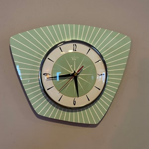 British Handmade Silent Asymmetric Royalexe Laminate Wall Clock in Jadeite Green - Midcentury French Atomic Retro style