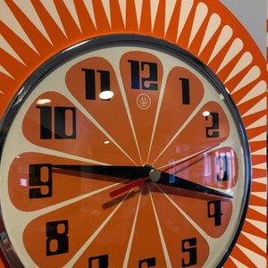 Handmade 1970's style Sunburst Orange Formica Wall Clock in Orange & with a Funky Bright Orange Segment Face from Royale image 4