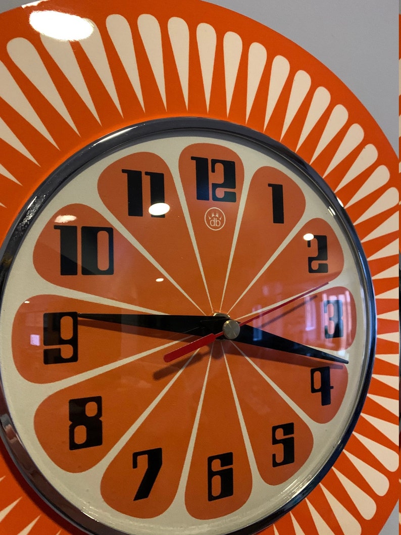 Handmade 1970's style Sunburst Orange Formica Wall Clock in Orange & with a Funky Bright Orange Segment Face from Royale image 4