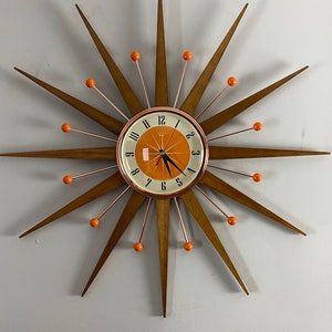 27 inch Hand Made Mid Century style Starburst Sunburst Clock by Royale - Welby style Medium Teak Rays & with Tangerine Dial