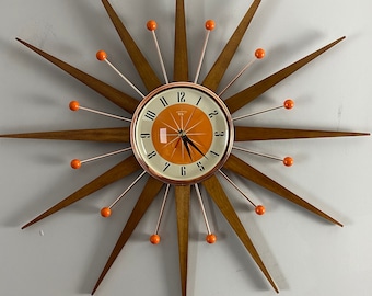 27 inch Hand Made Mid Century style Starburst Sunburst Clock by Royale - Welby style Medium Teak Rays & with Tangerine Dial