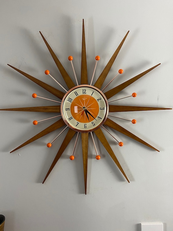 Handmade Mid Century Starburst Clock: Teak Rays, Tangerine Dial