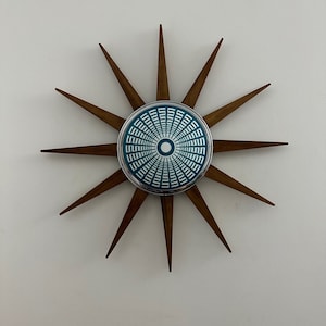 Royale Starburst Mid Century Modern style for Millennium lovers Chrome 19&quot; Medium Walnut Waxed Teak Rays Retro Wall Art British Made Des03