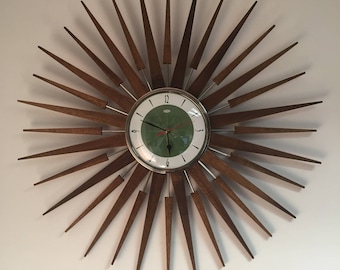 Large 27 inch Hand Made Mid Century style Starburst Sunburst Clock by Royale Clock Style 53 in Forest Green