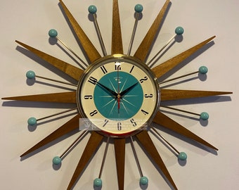 21 inch Hand Made Mid Century style Starburst Clock by Royale Medium Waxed Teak Rays Turquoise 1950s Face & Goldtone Frame